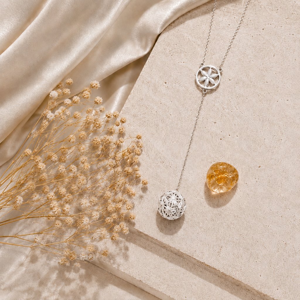 World Blooms White Finish Ball Necklace with Citrin Quartz inside